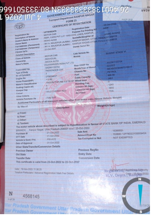 2022 Volkswagen Taigun Topline SUV 56908 km 4 years for sale in M/S VANSHIKA RECOVERY AGENCY Kanpur — photo 3